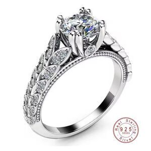Platinum Plated S925 Silver Leaf Motif‎  Engagement Ring Simulated Diamond, Sz 6